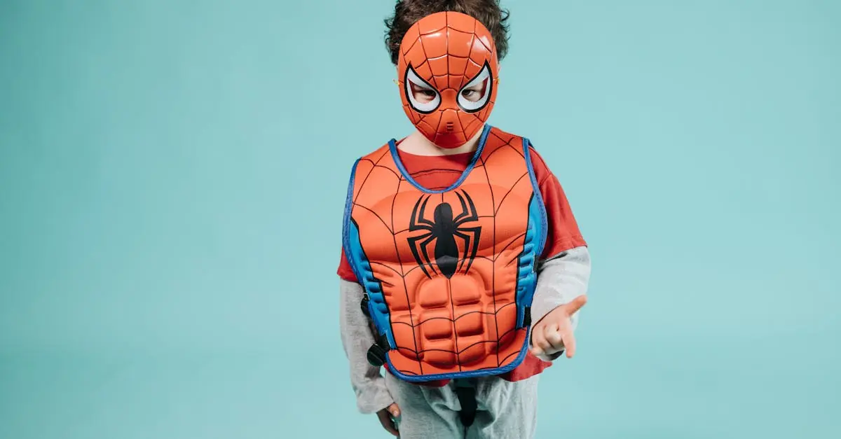 An illustration of a child dressing up as a superhero, embodying courage.