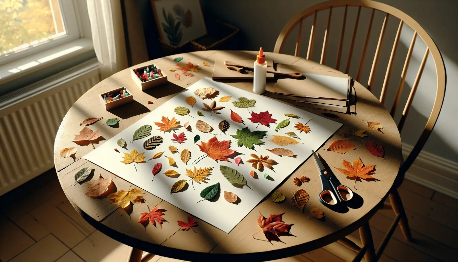 Generate an image of a child's hand placing a leaf on a paper collage in progress.