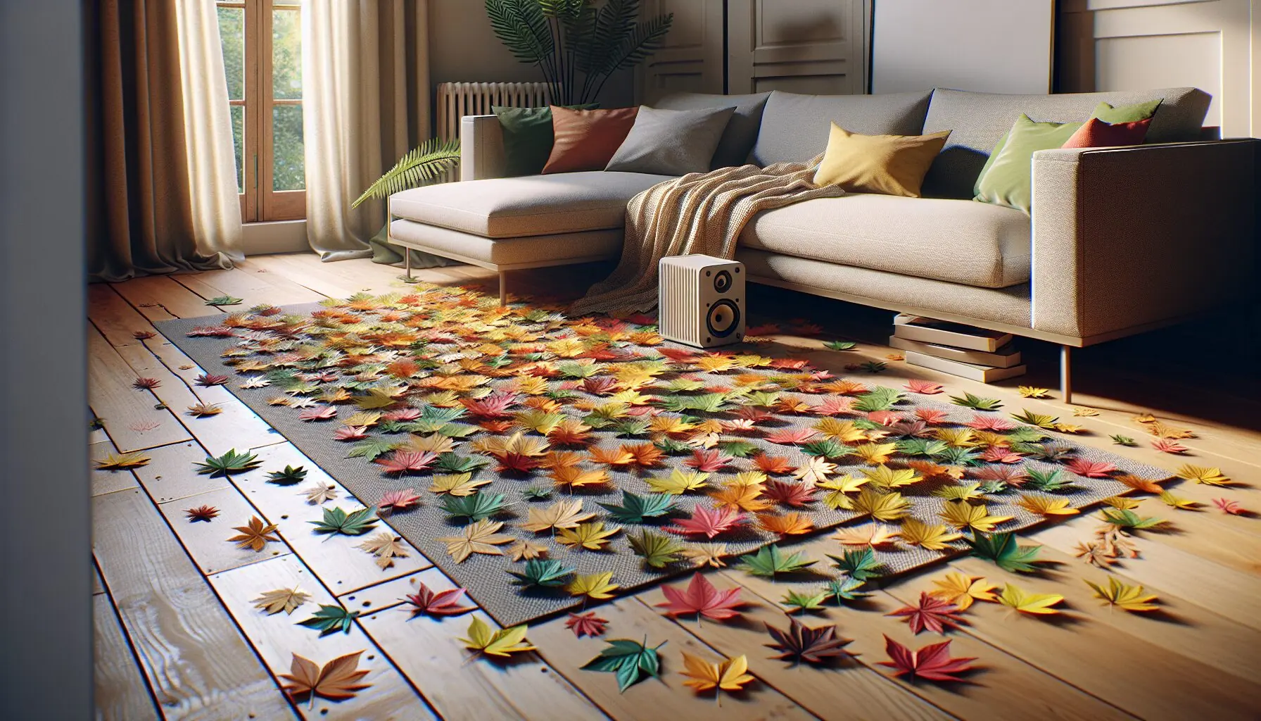 Generate an image of a floor scattered with colorful paper leaves and a speaker in a cozy living room.