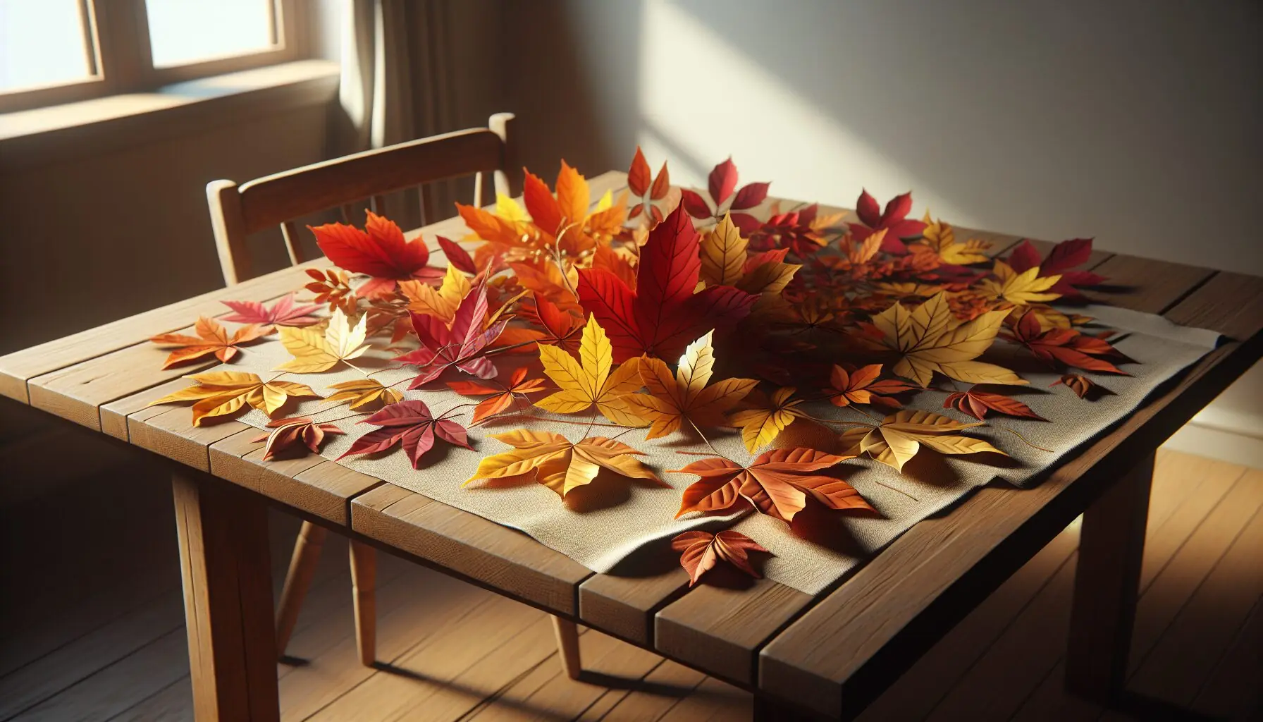 Generate an image of a colorful fall landscape with various types of leaves scattered on the ground.