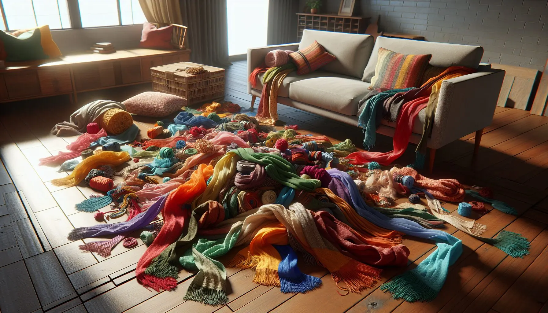 Generate an image of colorful scarves and ribbons scattered on a wooden floor.