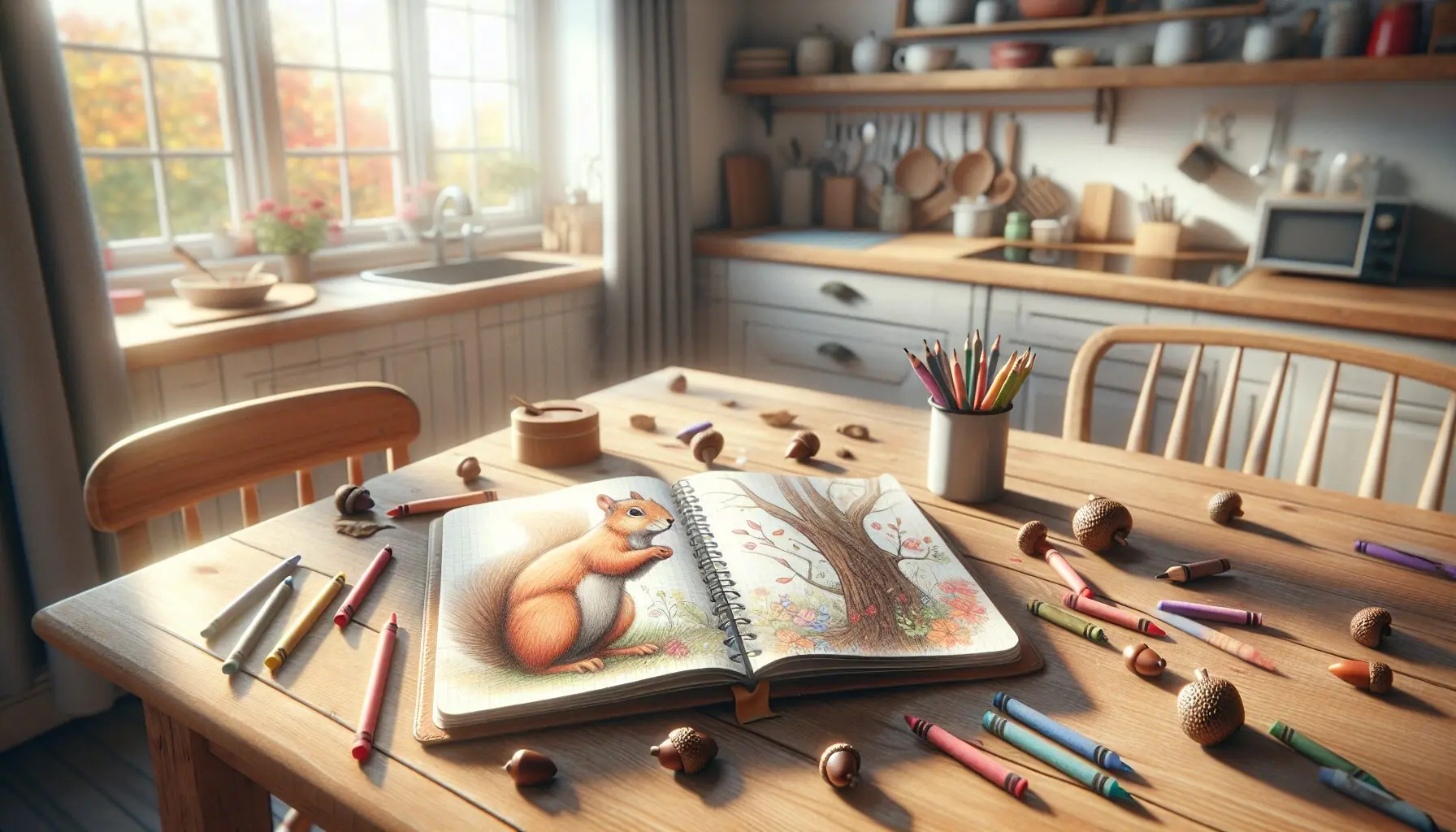 Generate an image of a child-friendly journal with colorful drawings of a squirrel's adventures.