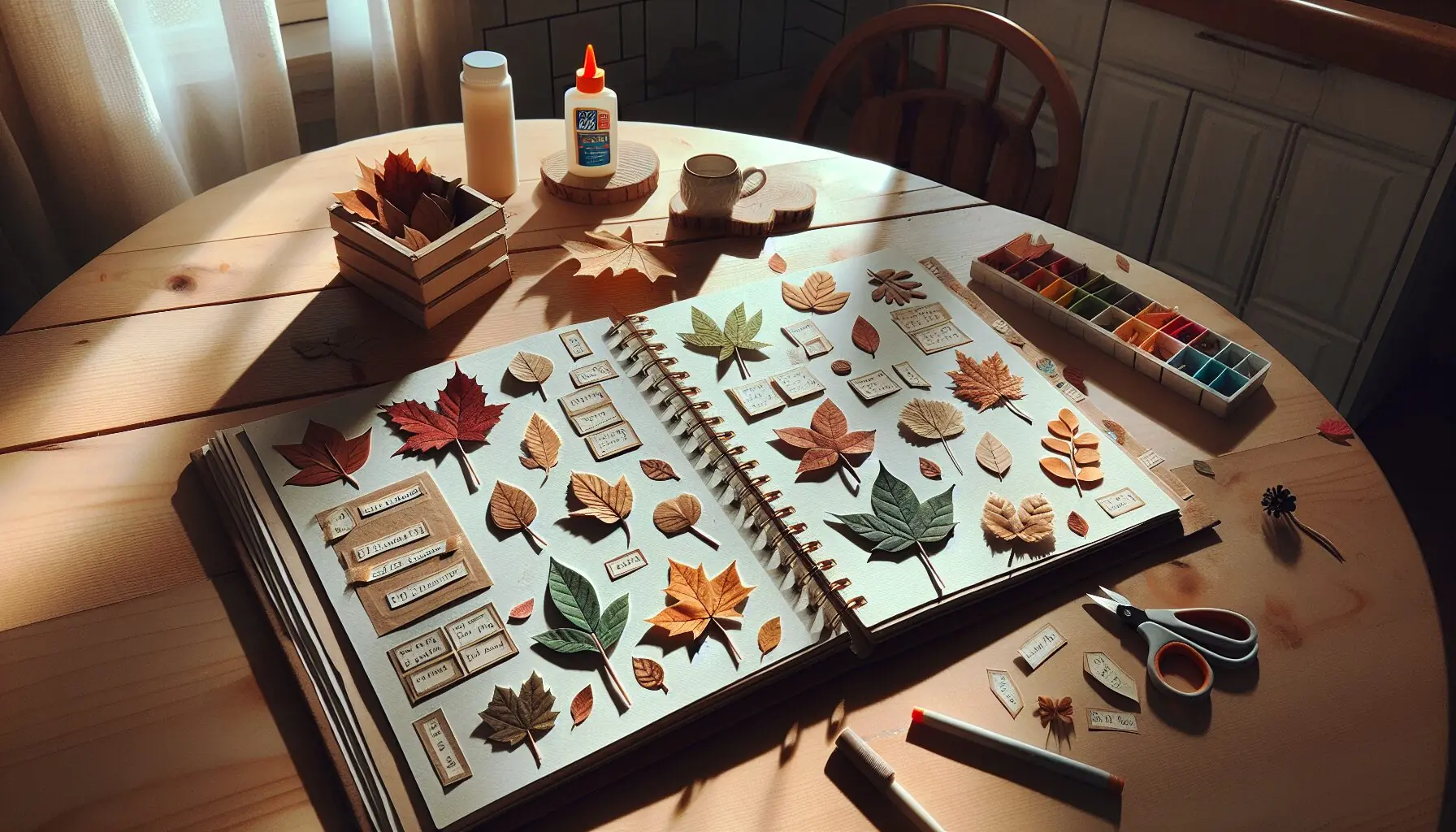 Generate an image of a simple leaf scrapbook with glued leaves and whimsical captions beneath each.