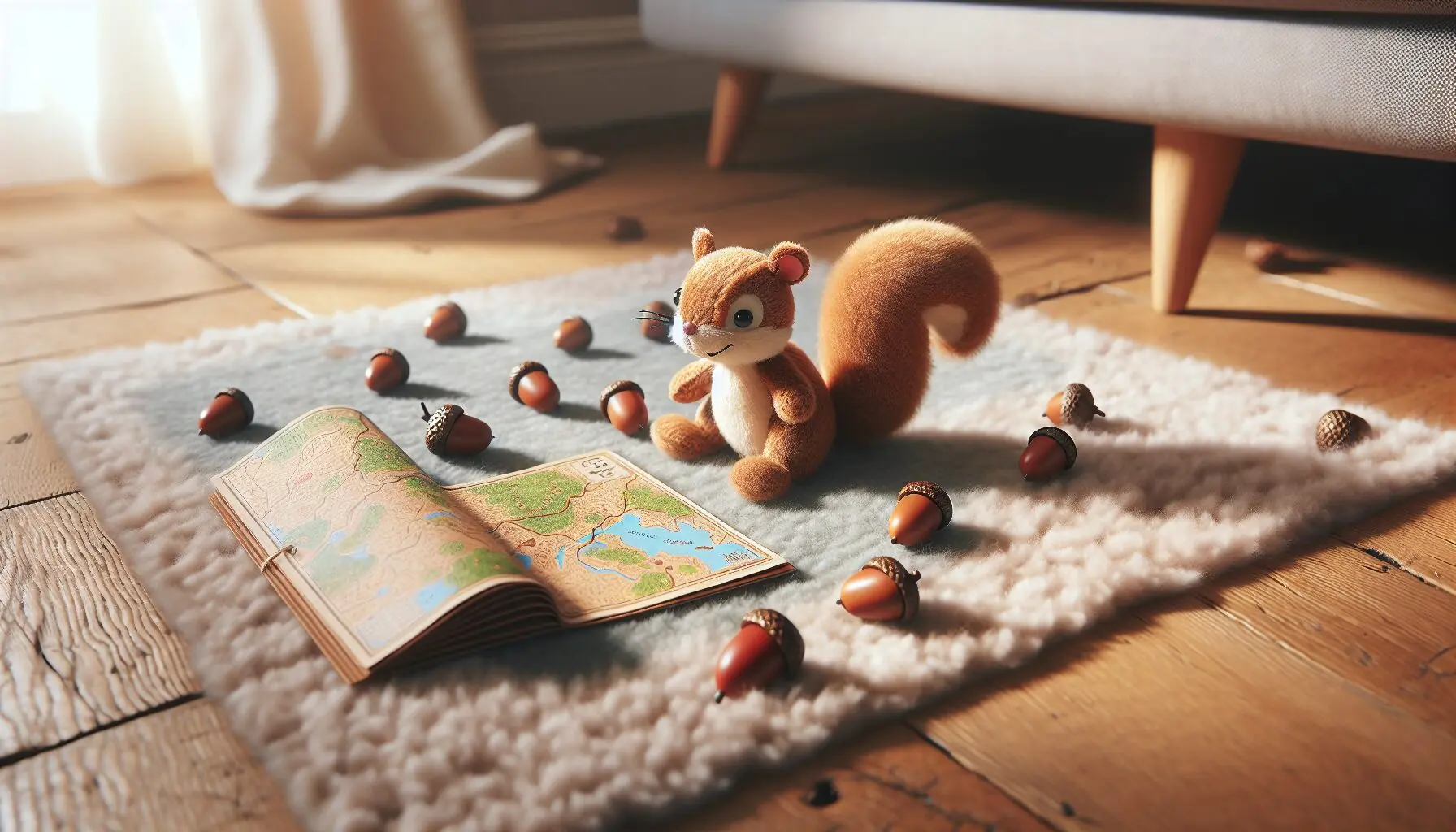 Generate an image of a toy squirrel next to small piles of acorns and a child's adventure map.