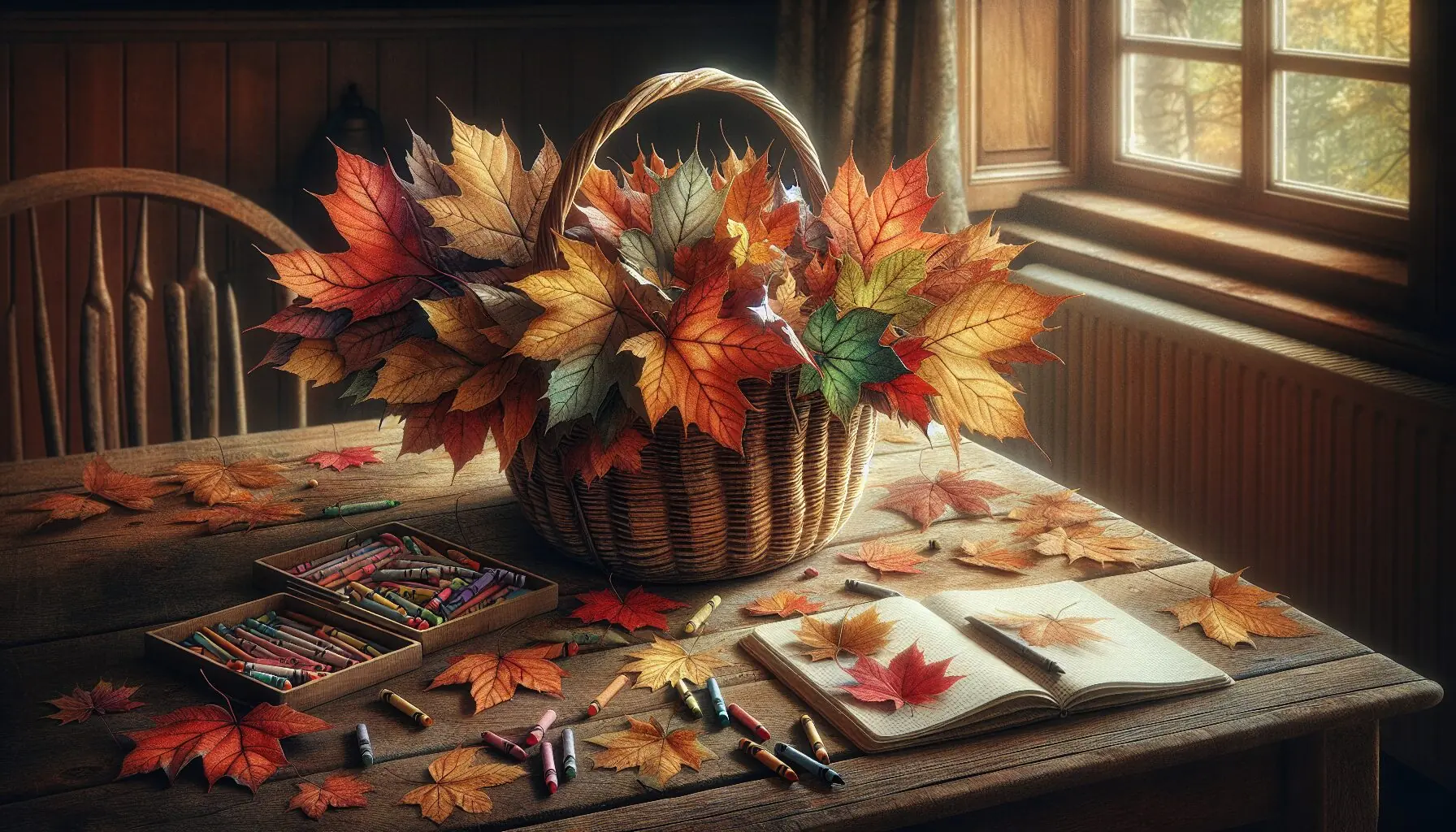 Generate an image of a small basket filled with different colored leaves, a notebook, and crayons nearby.