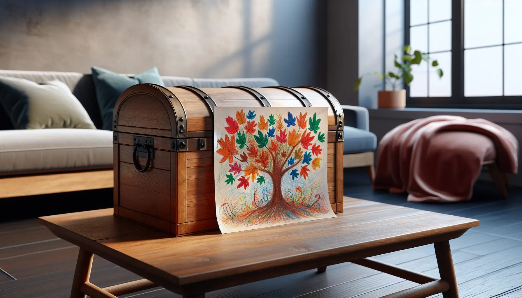 Generate an image of a wooden chest with a child's drawing of dancing leaves taped to it.