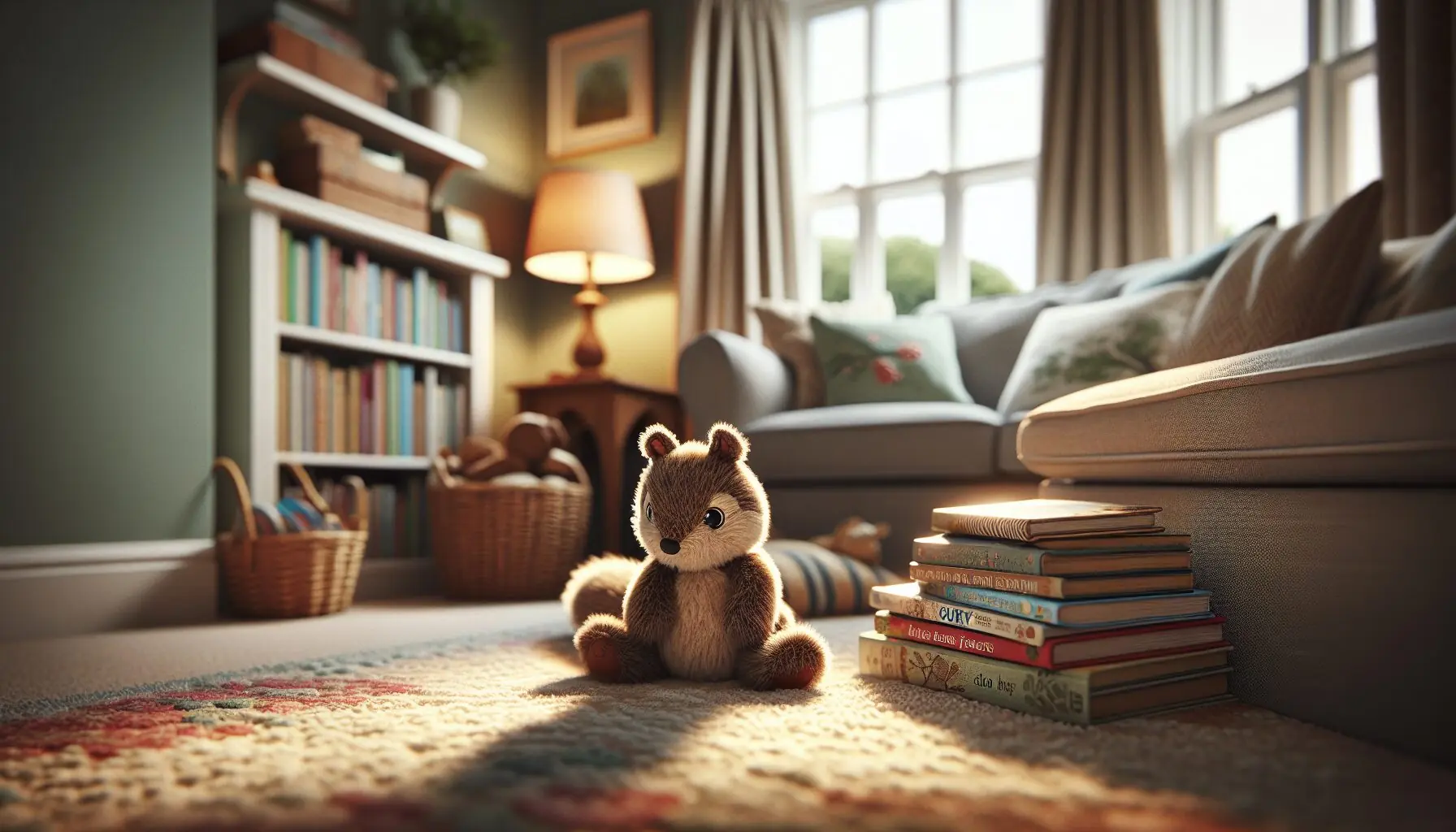 Generate an image of a cozy reading nook with a stack of children's storybooks and a squirrel plush toy.