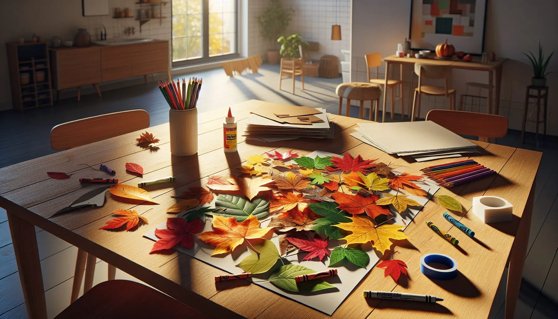 Generate an image of crafting materials for leaf collages: assorted leaves, paper, crayons, and glue.
