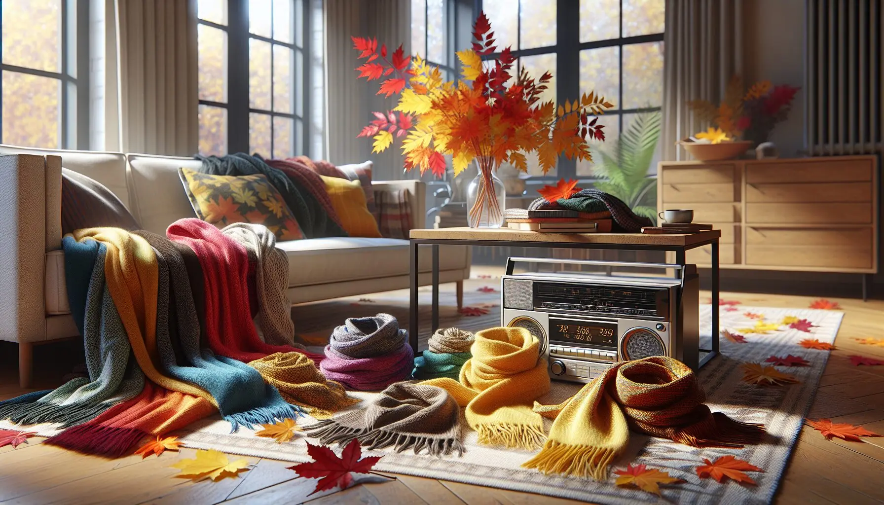 Generate an image of a spacious room with a stereo, scarves, and fall leaf garlands.