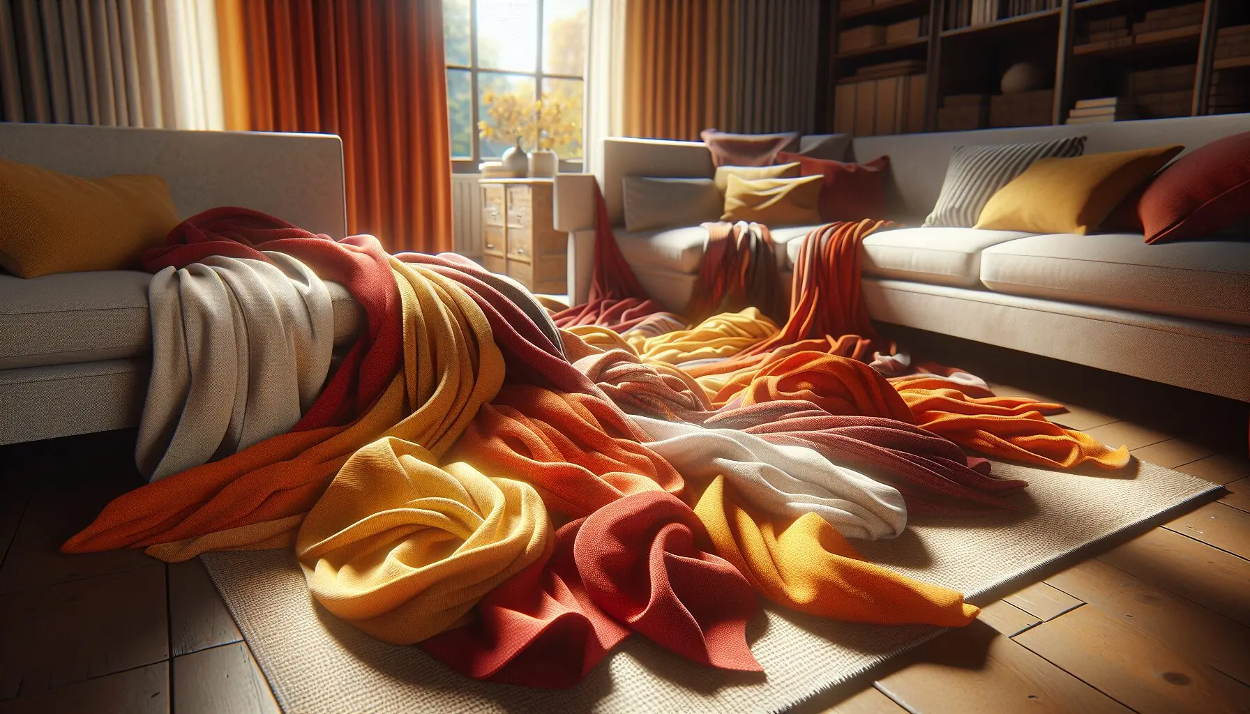 Generate an image of a set of soft, colorful scarves, perfect for aiding in a playful dance.