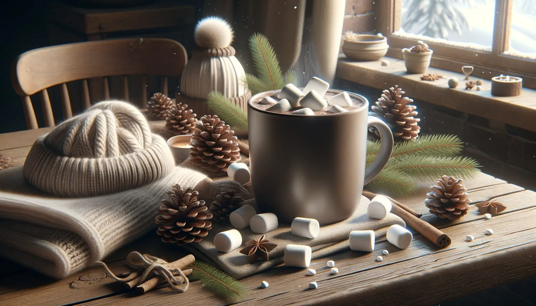 Generate an image showing a cozy hot chocolate mug surrounded by winter items on a table.