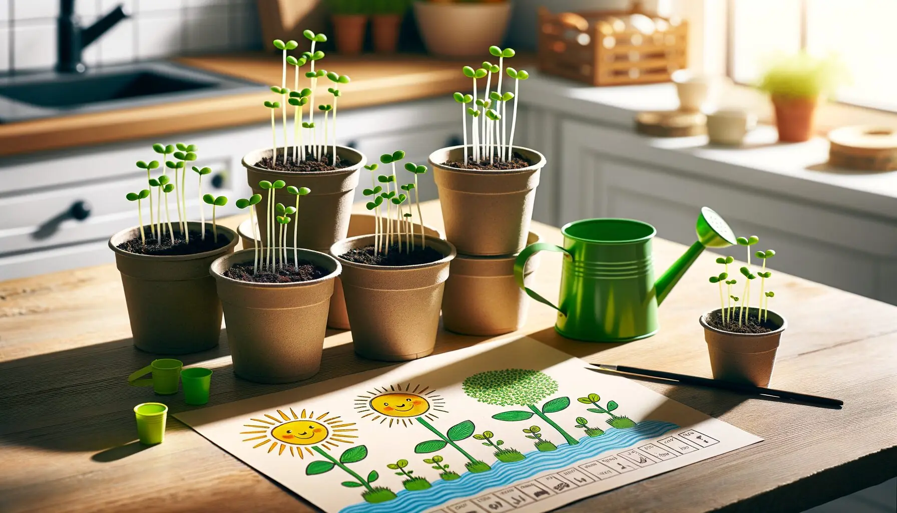 Generate an image of several labeled pots with seedlings and a smiling sun, capturing the joy of gardening.