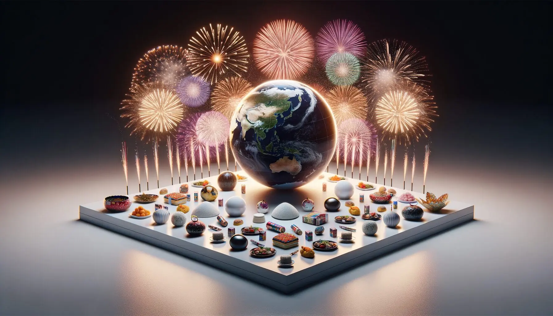Generate an image of a globe with colorful fireworks and cultural symbols surrounding it.