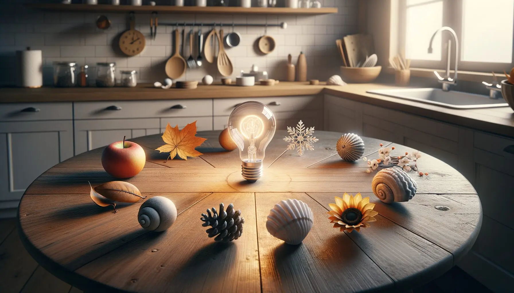 Generate an image showing a variety of seasonal items grouped around a glowing light bulb, symbolizing ideas and learning.