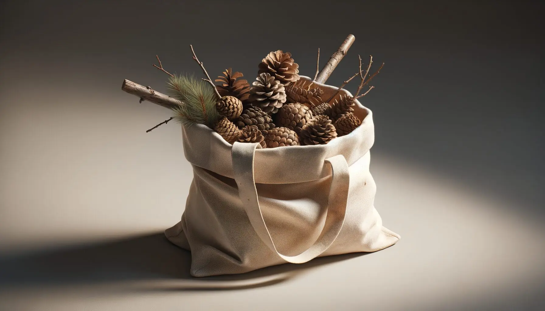 Generate an image of a small canvas bag filled with collected pinecones and twigs.