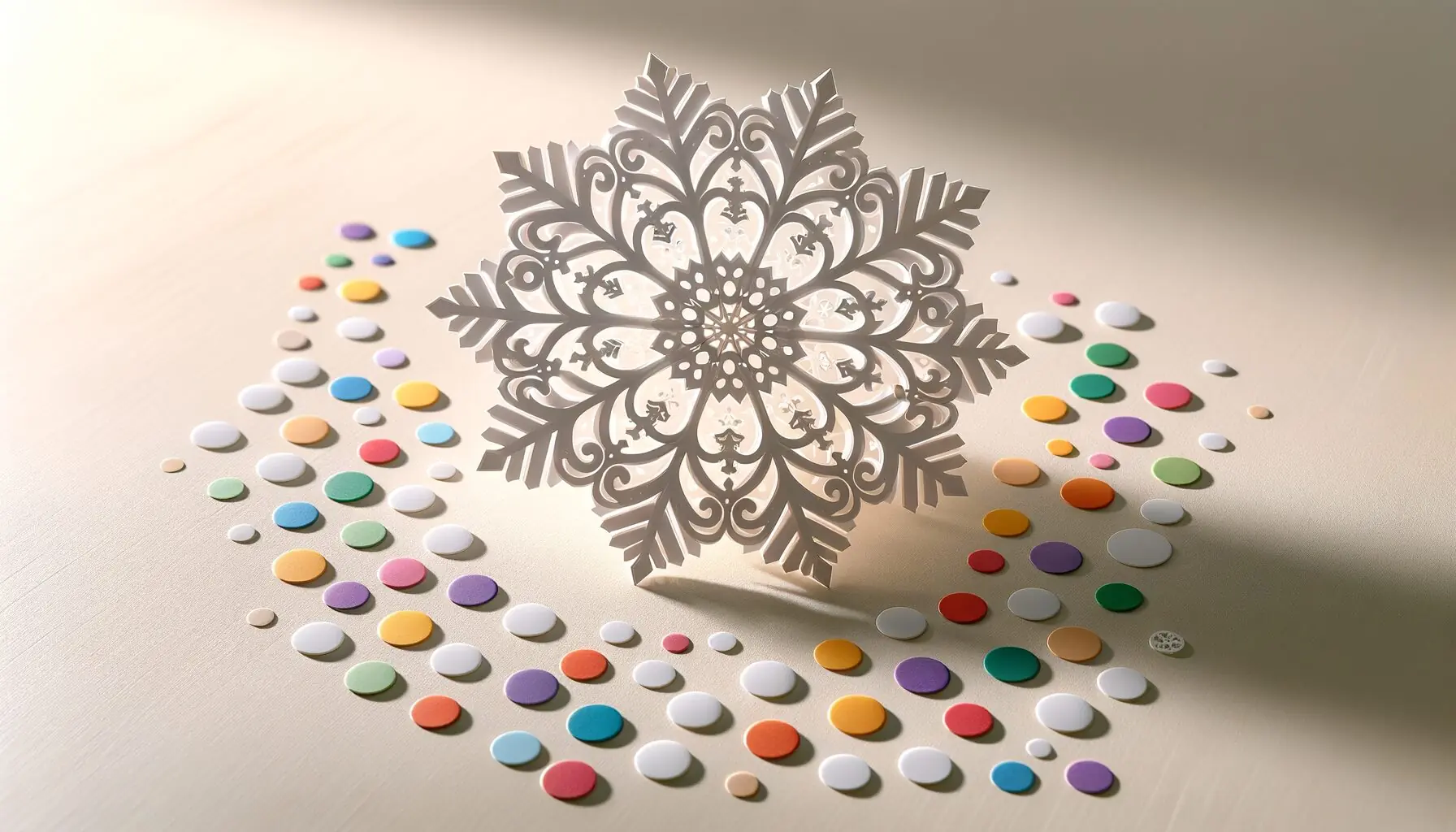 Generate an image of a child's small hand reaching for colorful stickers next to a completed paper snowflake.