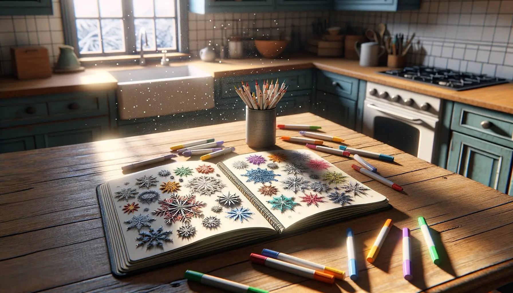 Generate an image of an open notebook with creative drawings of different snowflakes, colored markers laid beside it.