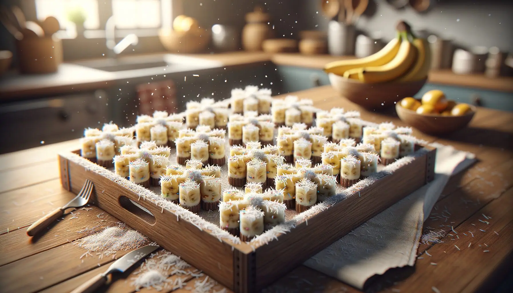 Generate an image of a wooden tray filled with neatly arranged snowflake banana bites covered in coconut.