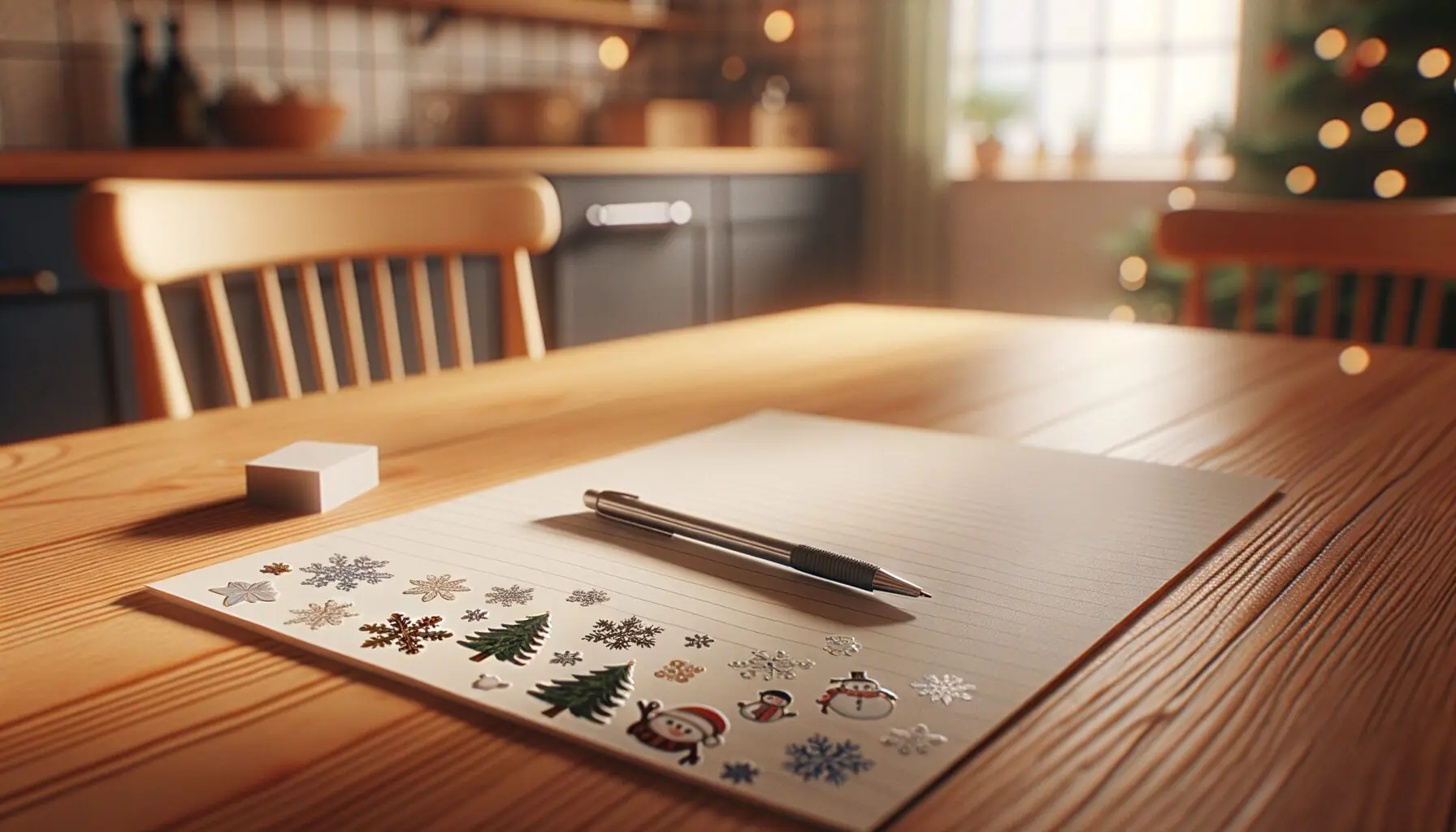 Generate an image of a child-friendly writing desk with paper, pencils, and winter-themed stickers.