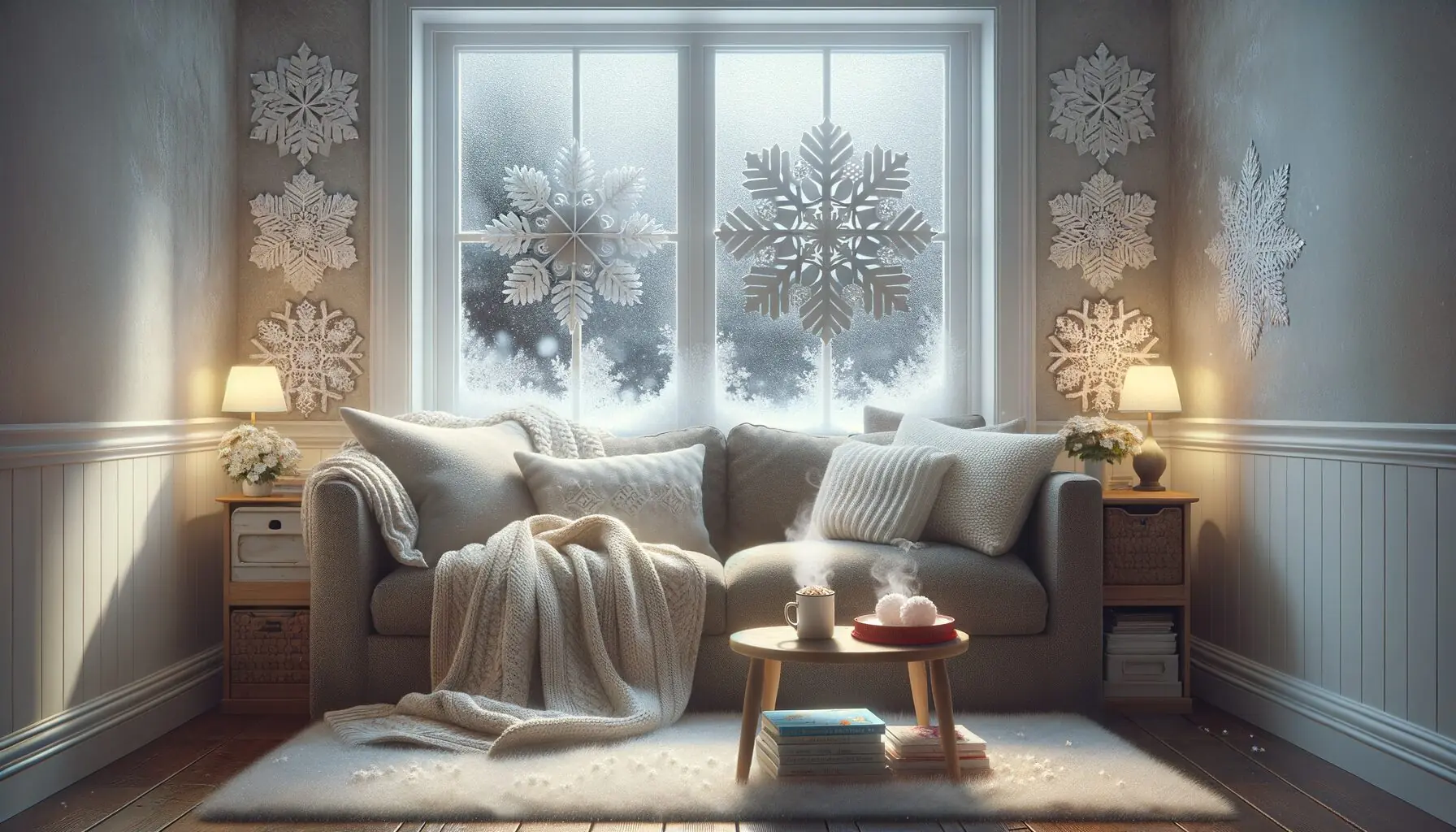 Generate an image of a cozy living room with snowflakes visible through a frosted window.
