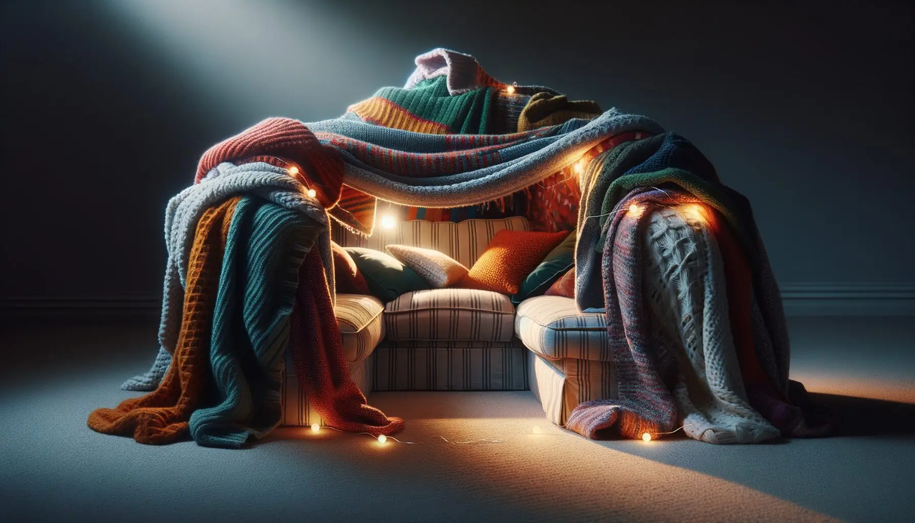 Generate an image of brightly colored blankets draped over chairs, creating a makeshift fort, with pillows and a reading light inside.