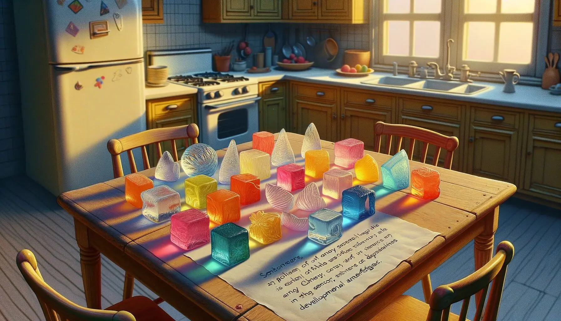 Generate an image depicting a mix of colorful ice sculpture pieces alongside text explaining sensory and developmental benefits.