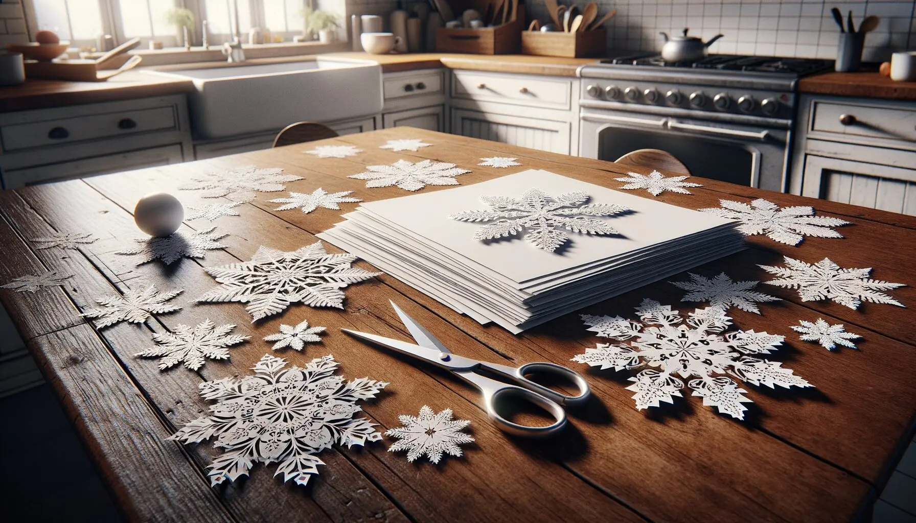 Generate an image of paper snowflakes beautifully laid out on a wooden table, with scissors and white paper nearby.