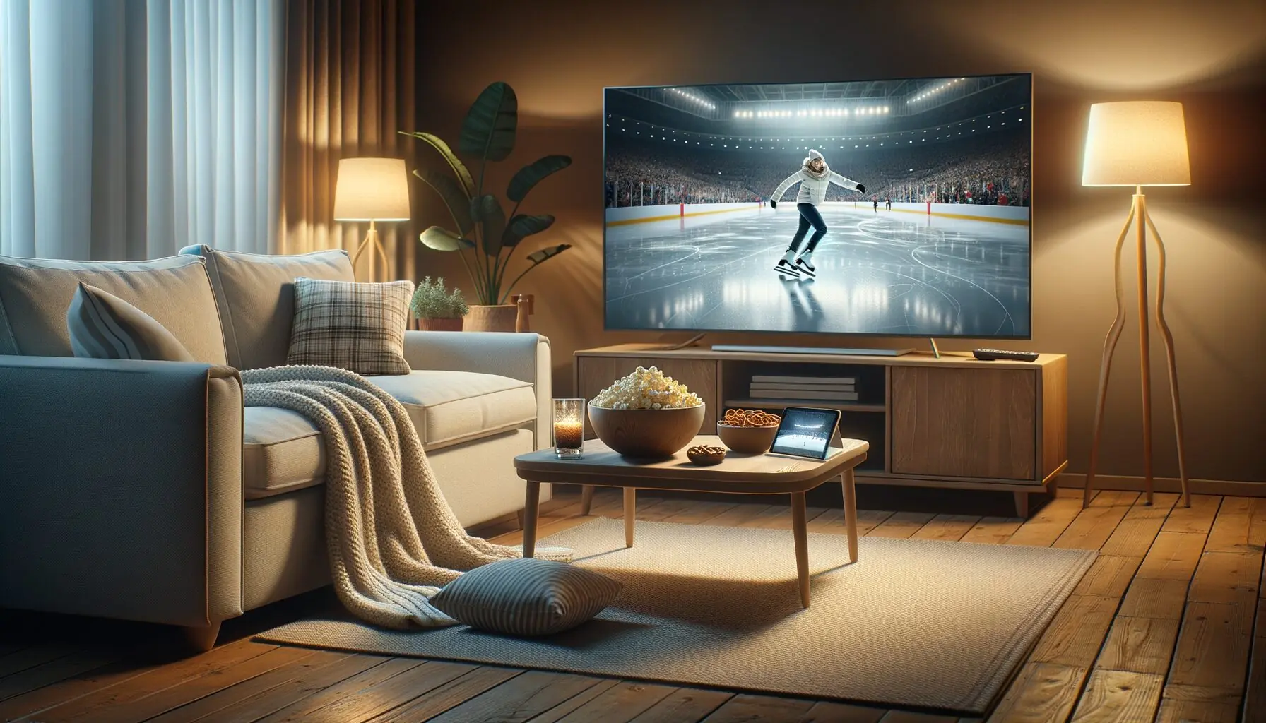 Generate an image of a warm, cozy living room setup with a TV showing an ice skating competition.