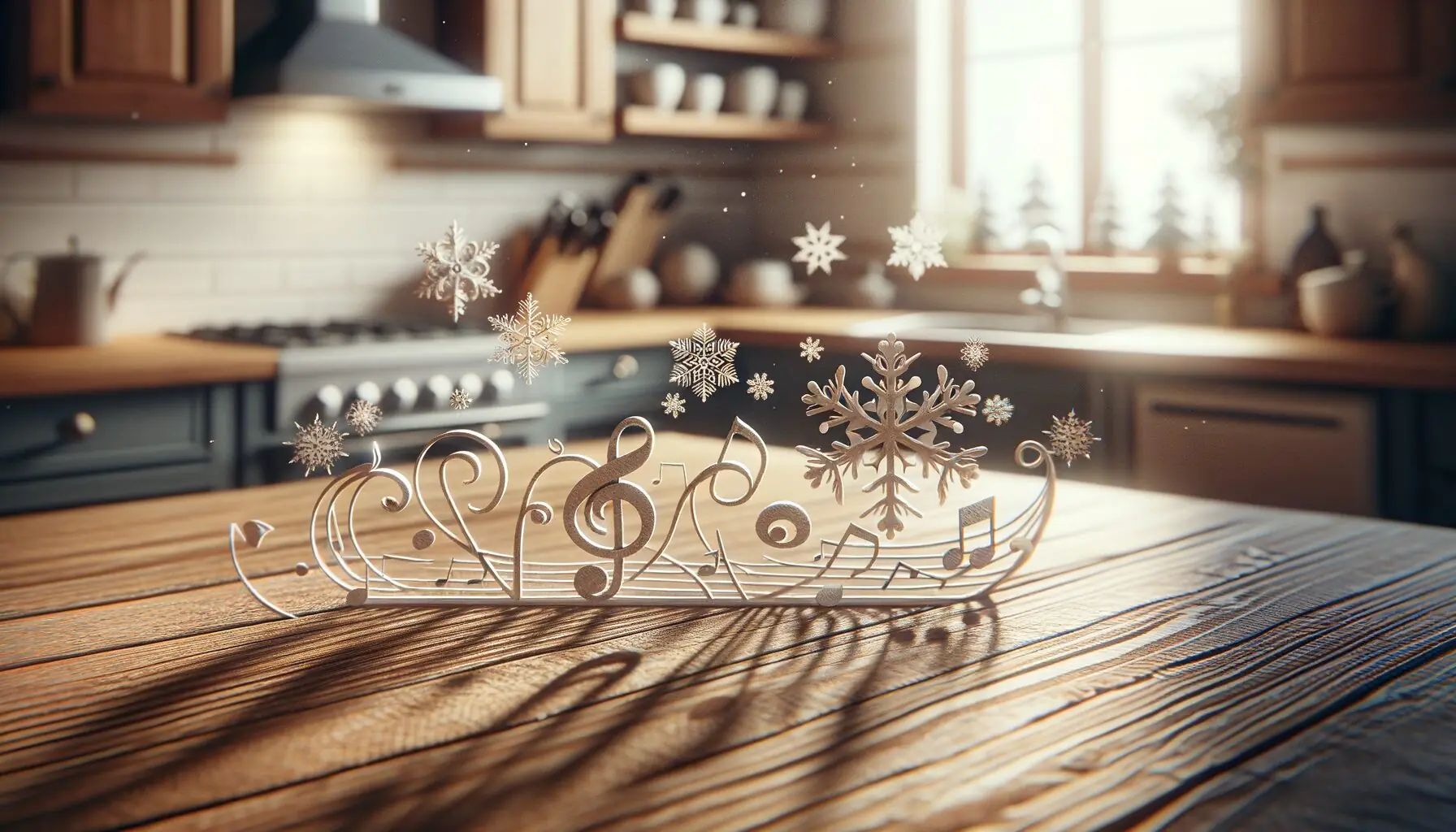 Generate an image of snowflakes and musical notes intertwined against a light blue background.