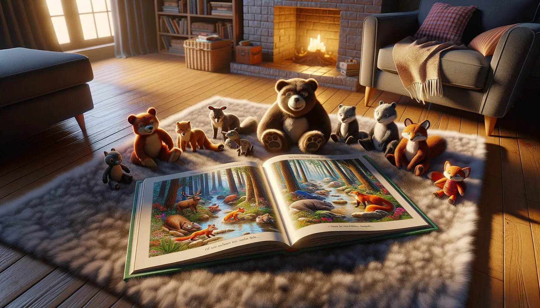 Generate an image of a child storybook with pictures of animals hibernating, surrounded by toys and plush animals.