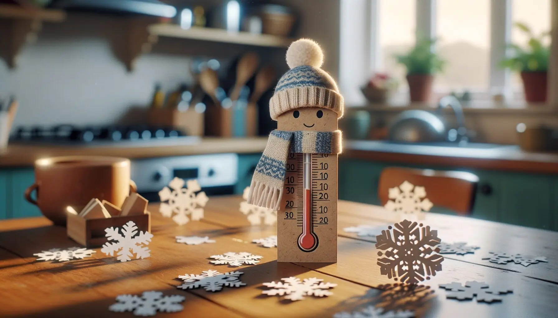 Generate an image of a smiling cartoon thermometer wearing a scarf, surrounded by snowflakes, symbolizing warm conversations.