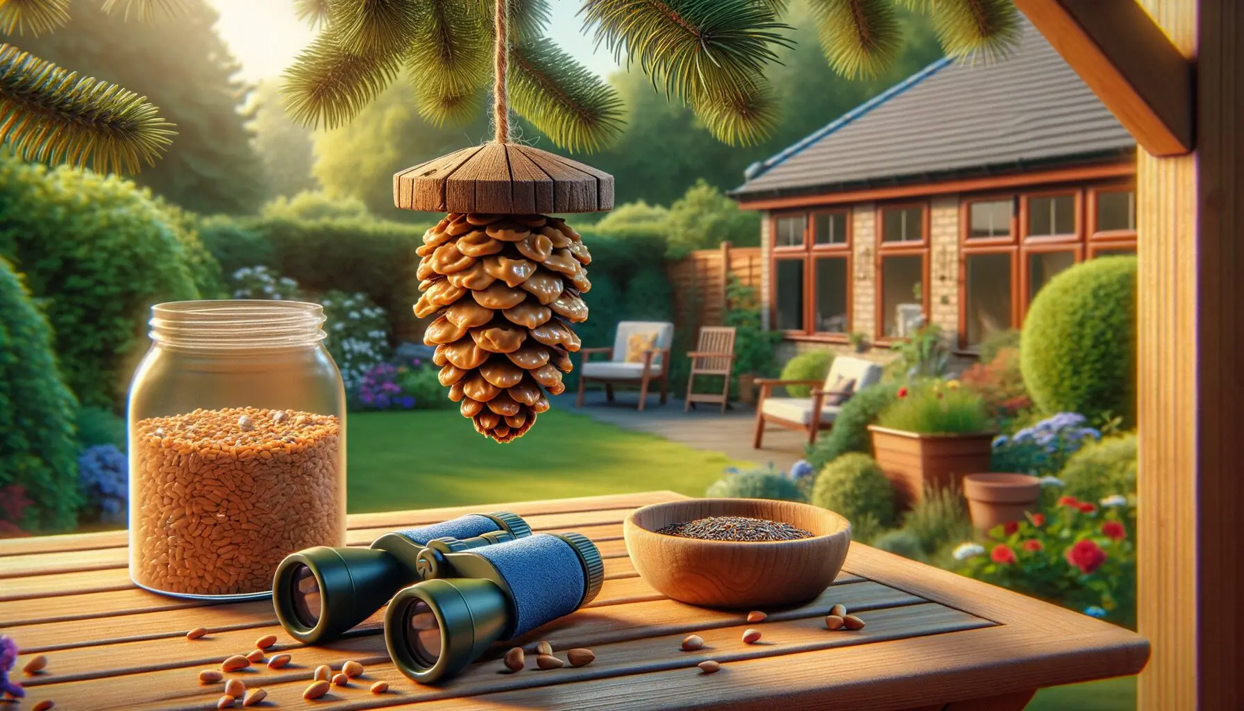 Generate an image of a playful setting with children observing birds through binoculars and a bird feeder in the background.