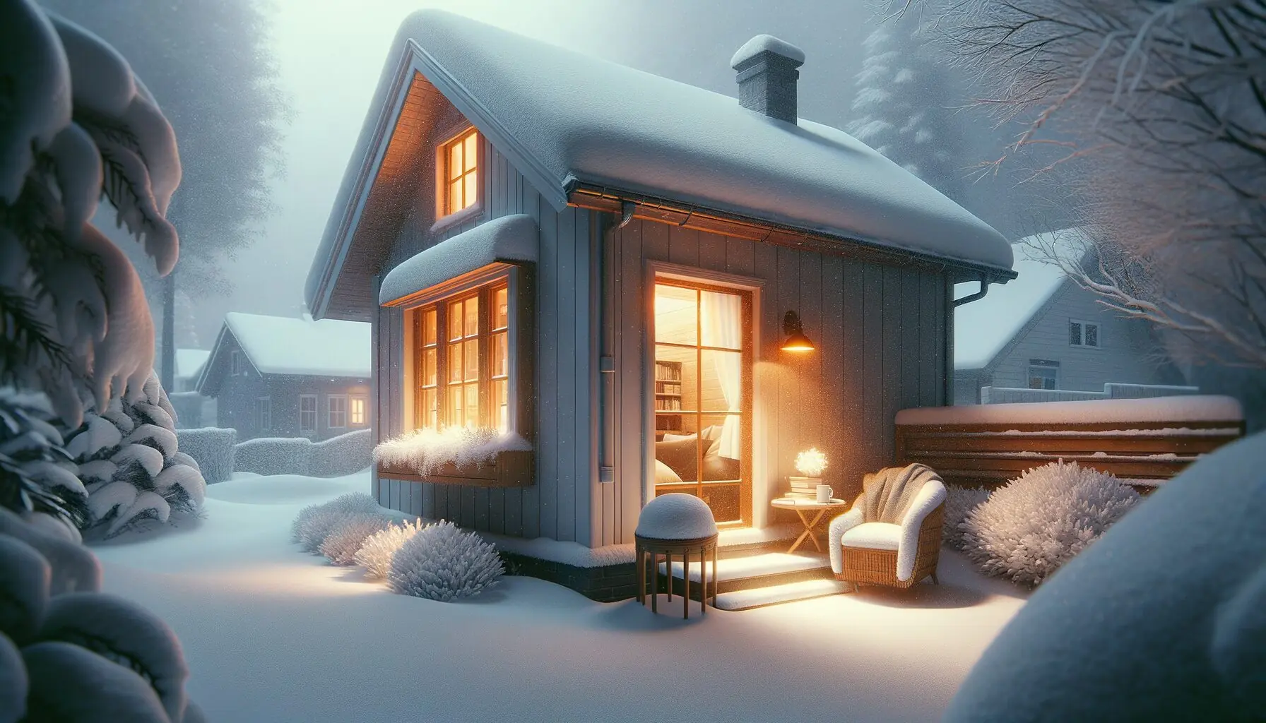 Generate an image of a snow-covered house with a glowing window, suggesting a cozy reading nook inside.