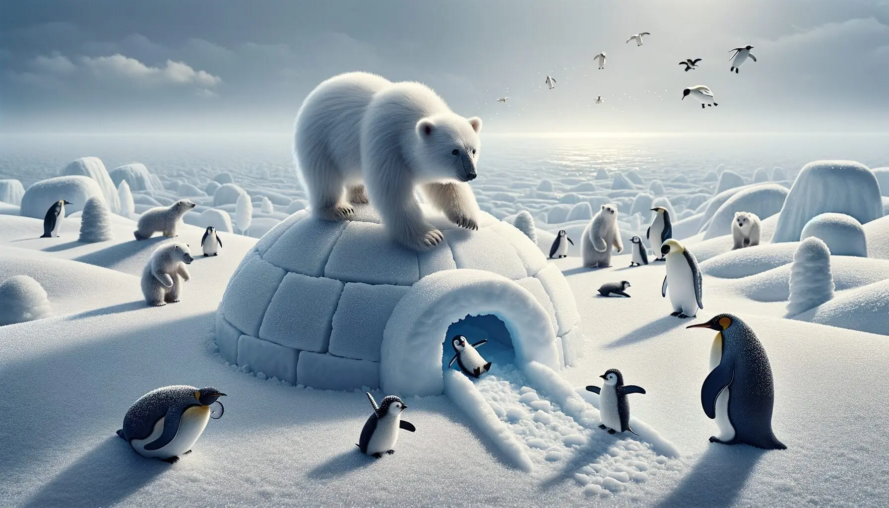 Generate an image of a whimsical snowy landscape with playful animals, like polar bears, penguins, and an igloo.