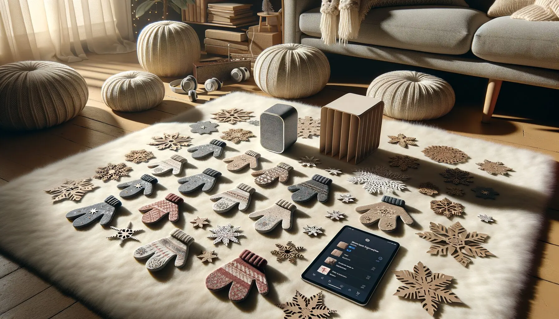 Create an image of a rustic cozy corner with paper cut-outs of snowflakes and mittens, a speaker, and a soft music player.