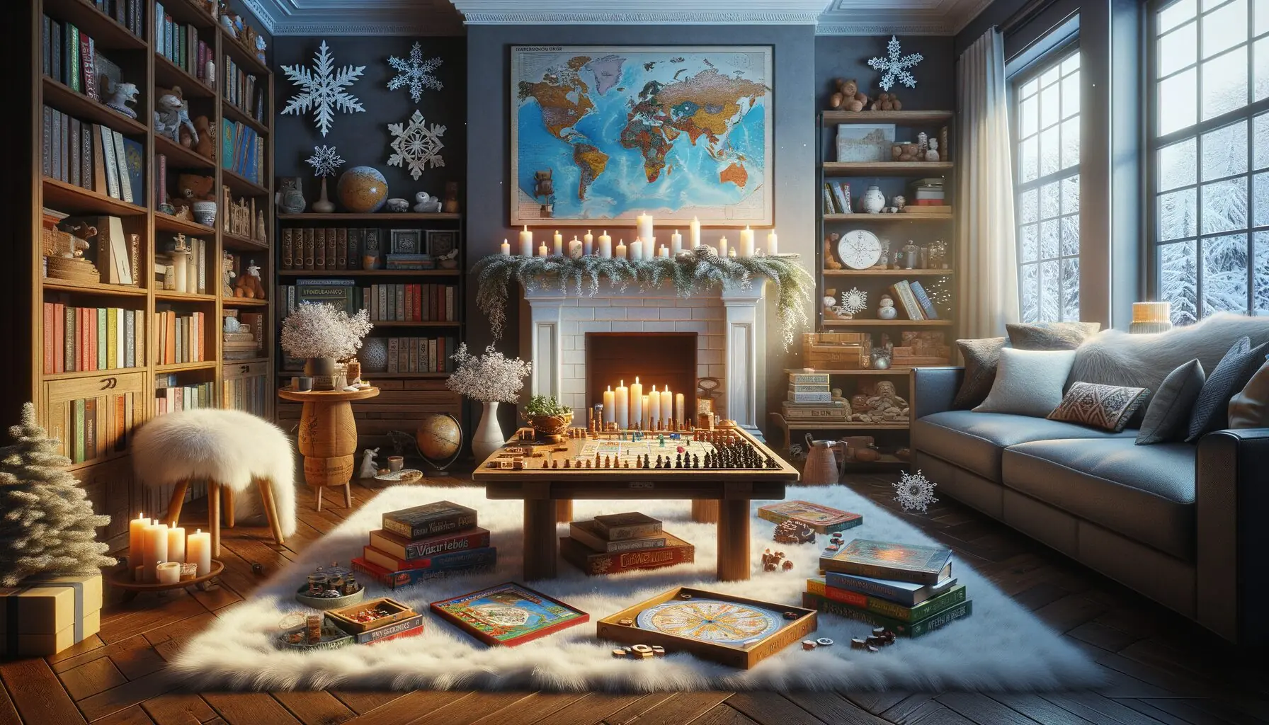 Generate an image of a cozy living room setting with snowflakes and world maps as accents.