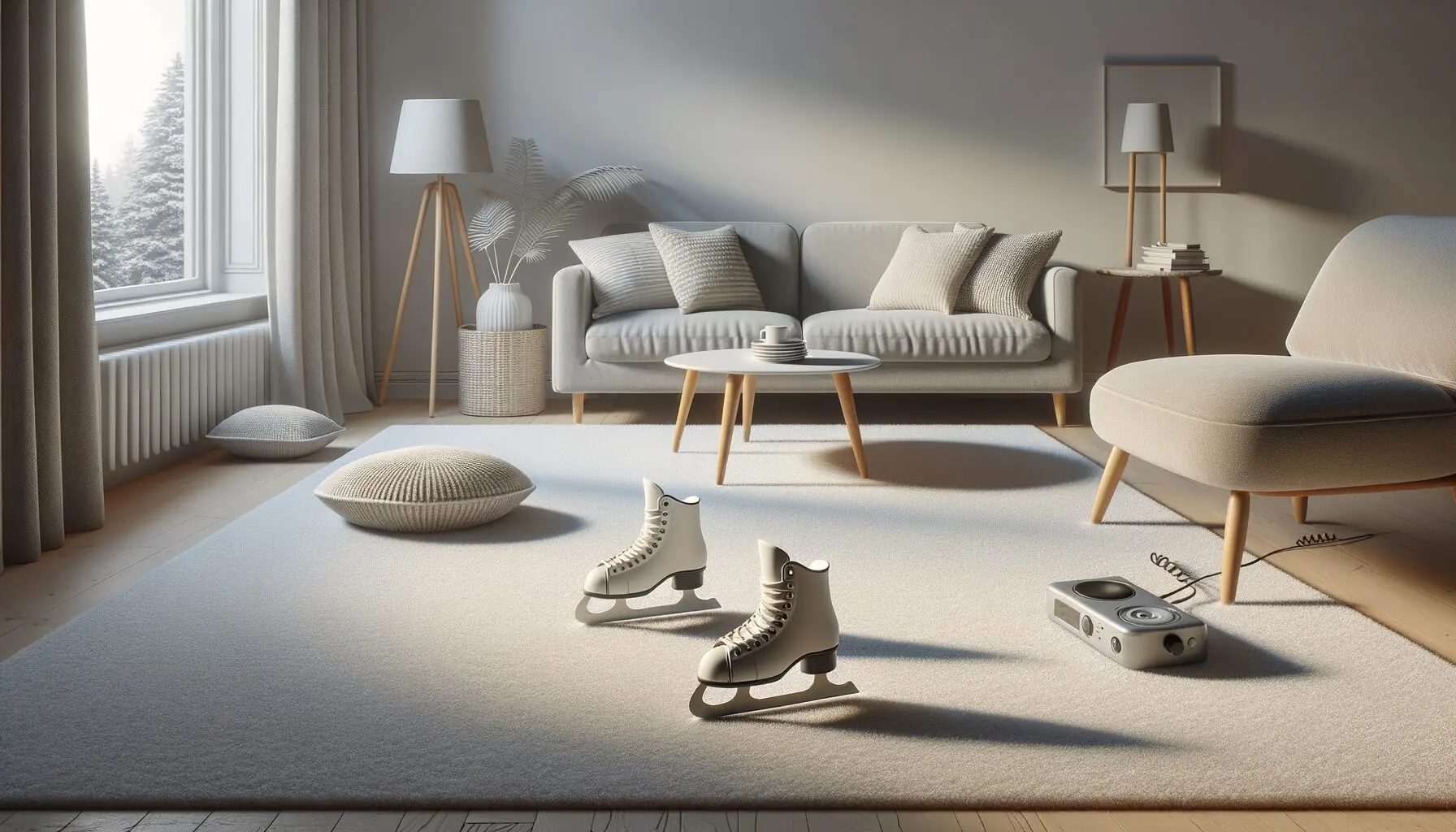 Generate an image of a living room setting with a music player and paper plates, creating a playful skating scene.