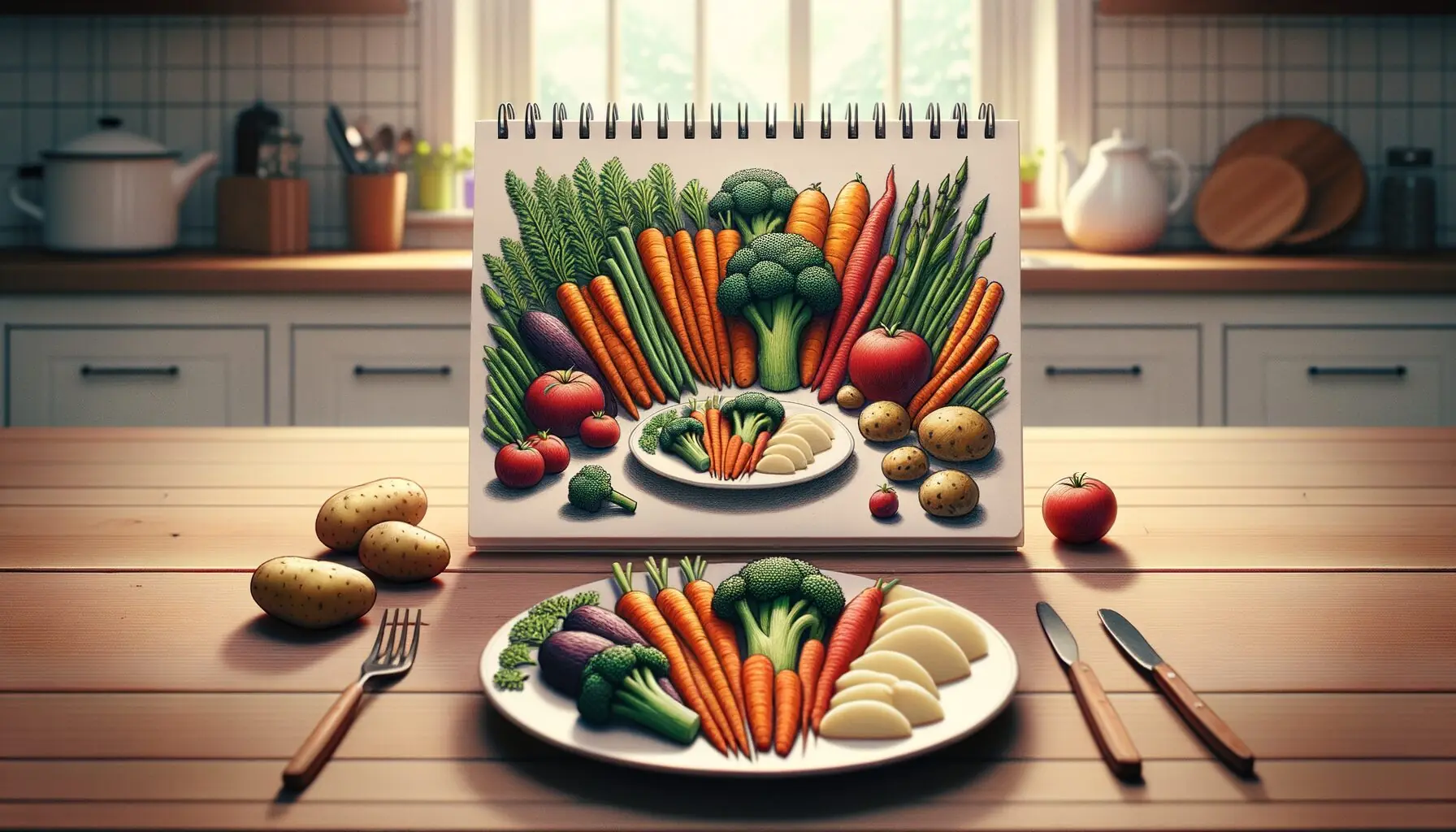Generate an image of a notepad with colorful childlike drawings of vegetables, next to a plate of mixed vegetable pieces.