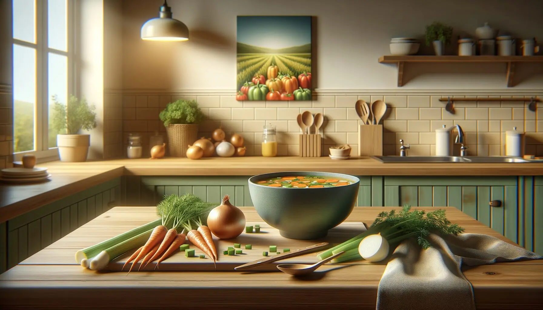 Generate an image of a cozy kitchen with a bowl of vibrant vegetable soup on a countertop.