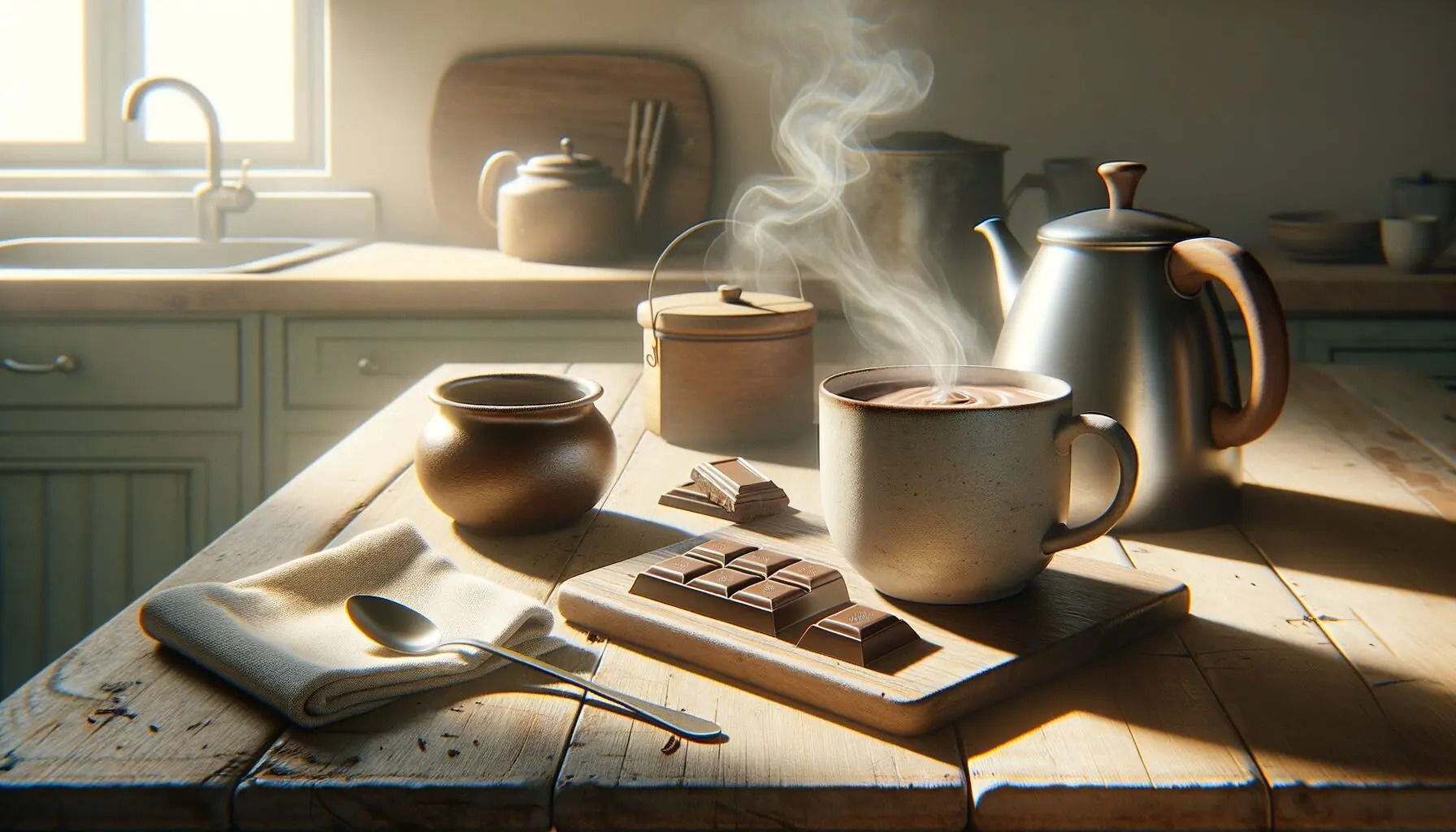 Generate an image of a warm kitchen setting with a cup of hot chocolate steaming on the table.