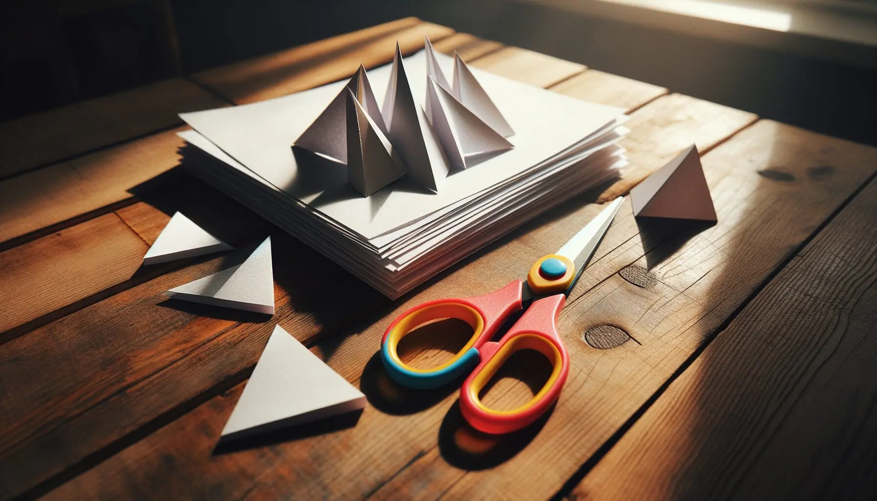 Generate an image of various folded white papers next to kid-friendly scissors on a wooden table.