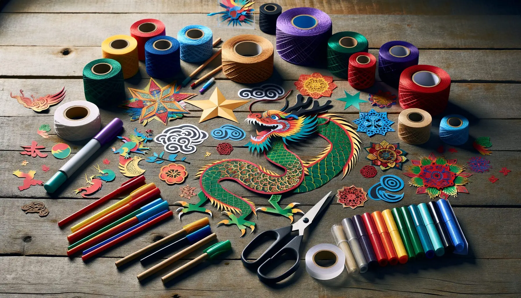 Generate an image of colorful paper and fabric cutouts representing various cultural symbols scattered on a table.