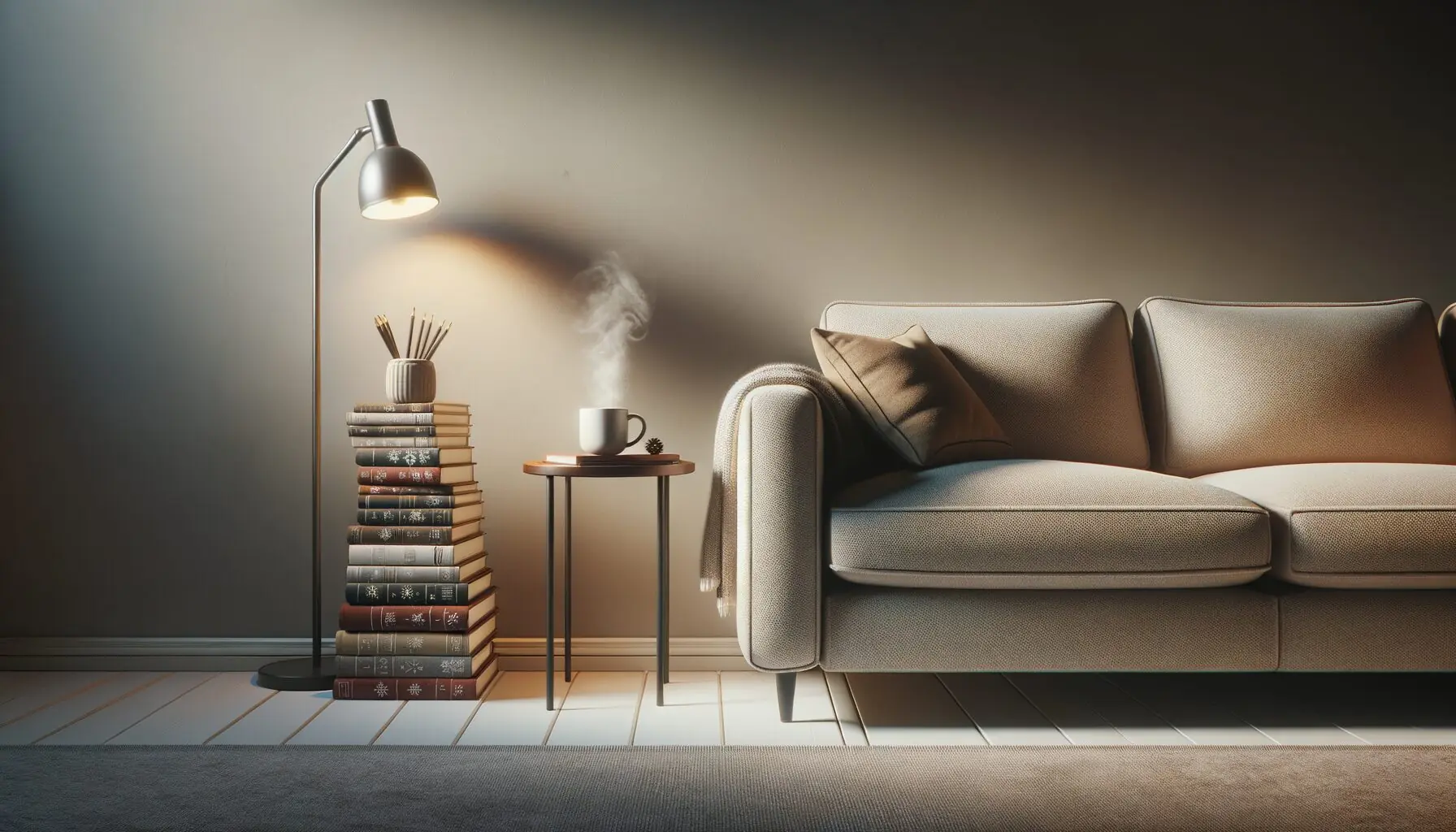 Generate an image of a cozy reading nook with a soft sofa, a pile of winter-themed books, and a steaming mug on a small table beside it.