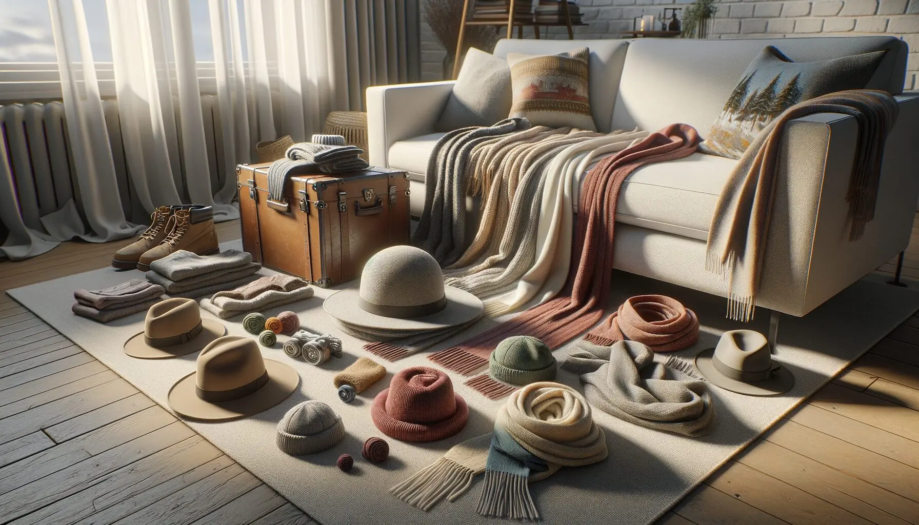 Create an image of colorful winter-themed props like scarves and hats laid out on a soft, wintry play surface.