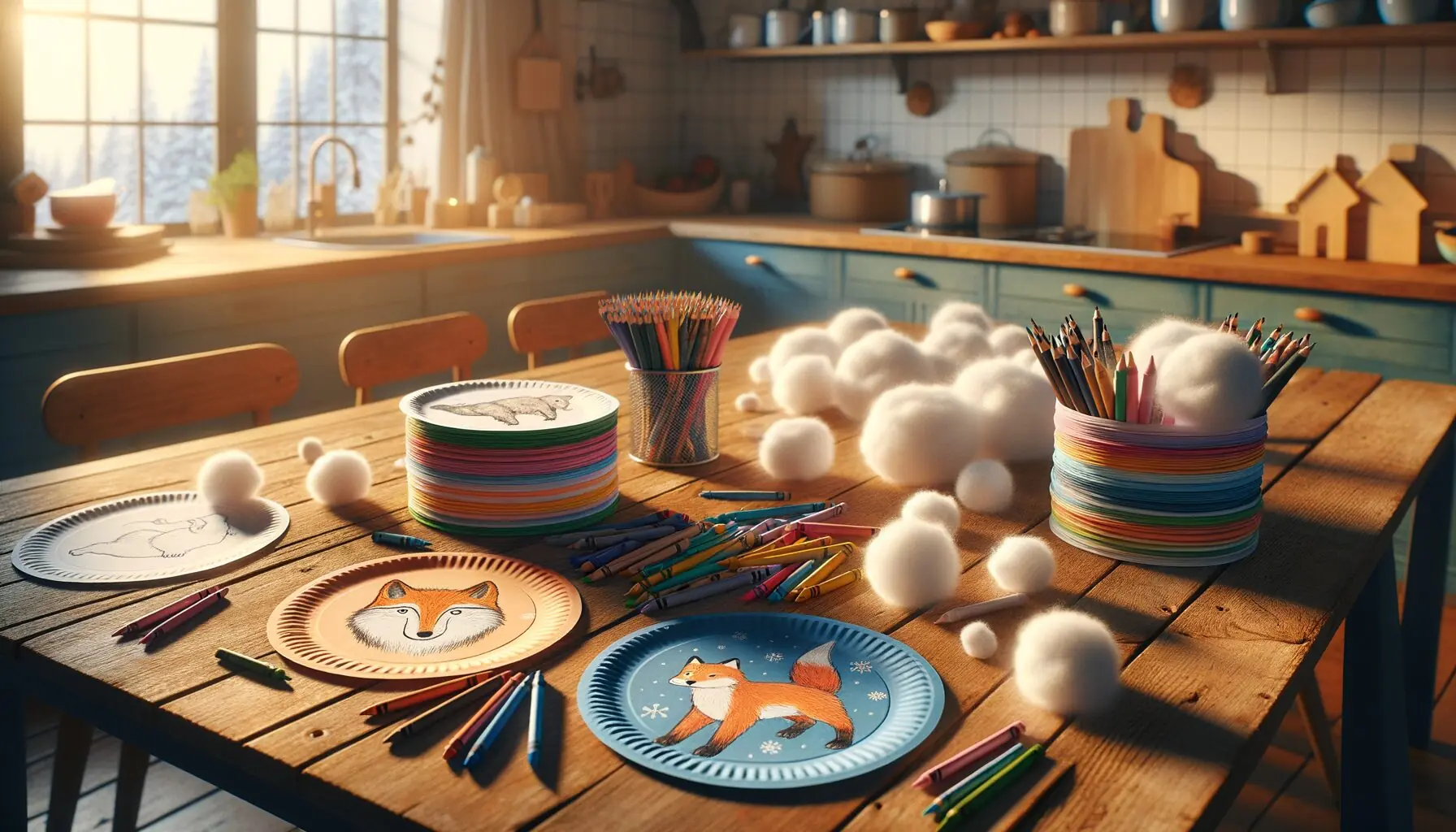 Generate an image of colorful paper plates with crayons and cotton balls spread on a table.