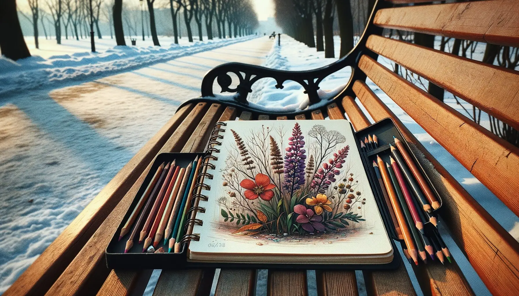 Generate an image of a simple sketchbook with a colorful drawing of winter plants on a bench.