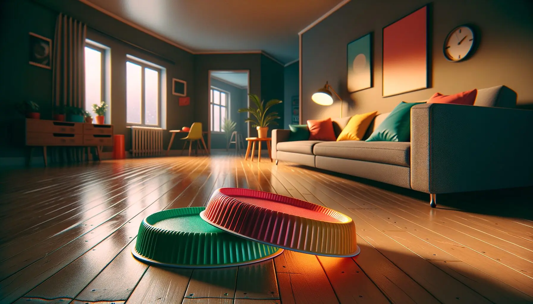 Generate an image of two colorful paper plates placed on a smooth, shiny floor.