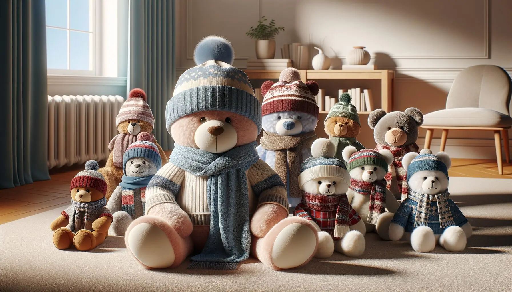 Generate an image showcasing playful stuffed animals, dressed in amusingly mixed winter clothing, set against a snowy backdrop.