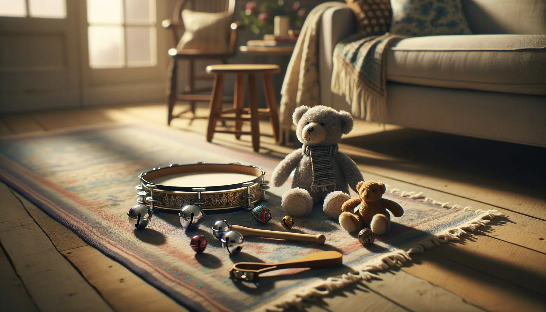 Generate an image of parents and children sitting on a rug, surrounded by soft toys and winter-themed instruments like bells.