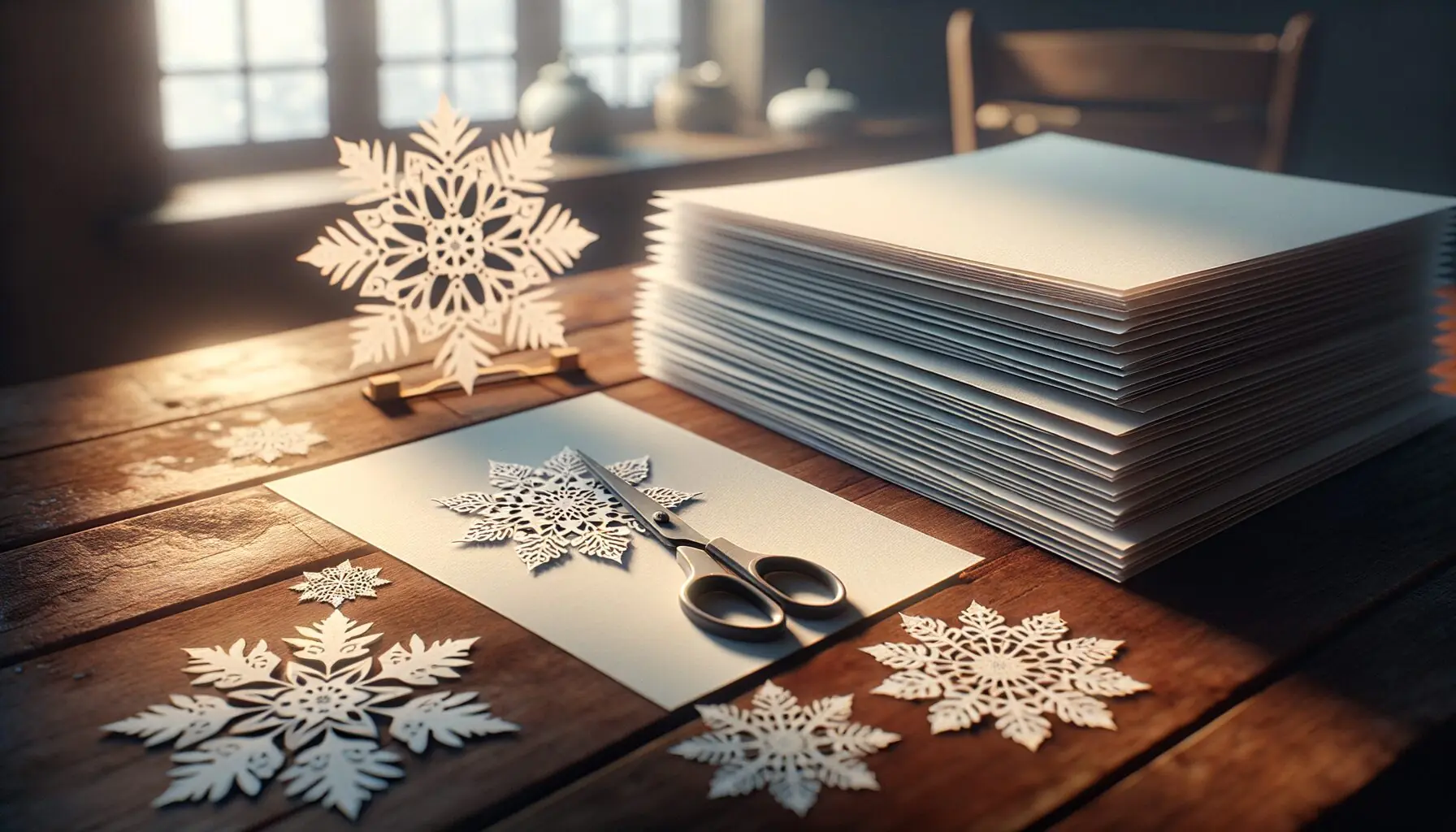 Generate an image of a thinking bubble illustrating a child discovering patterns and shapes with paper snowflakes.